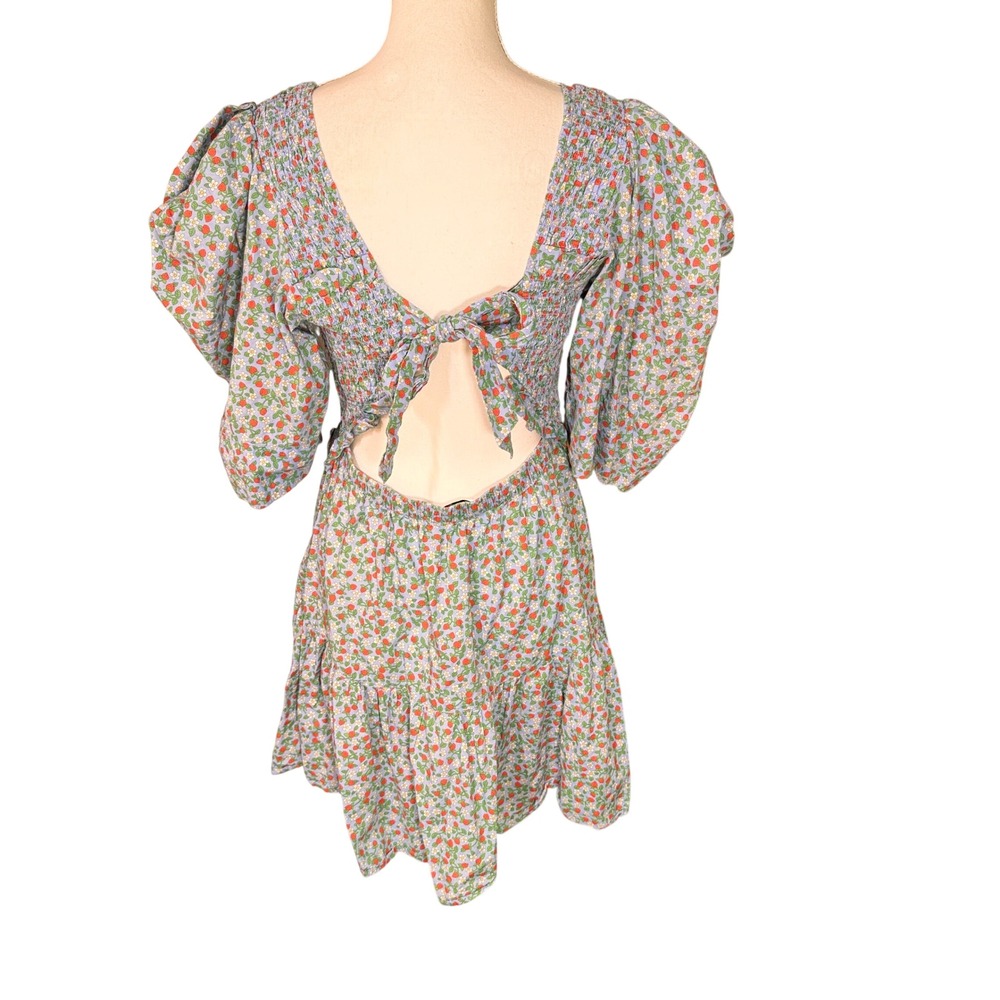 Sea New York Lilly Smocked Mini Dress Blue Strawberry Floral Puff Sleeve Large - Picture 7 of 12